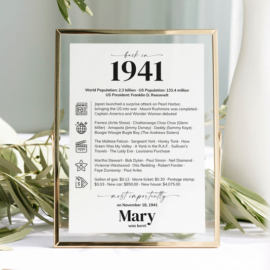 85th Birthday Table Decor Custom Back in 1941 Facts Printable by LittleSizzle