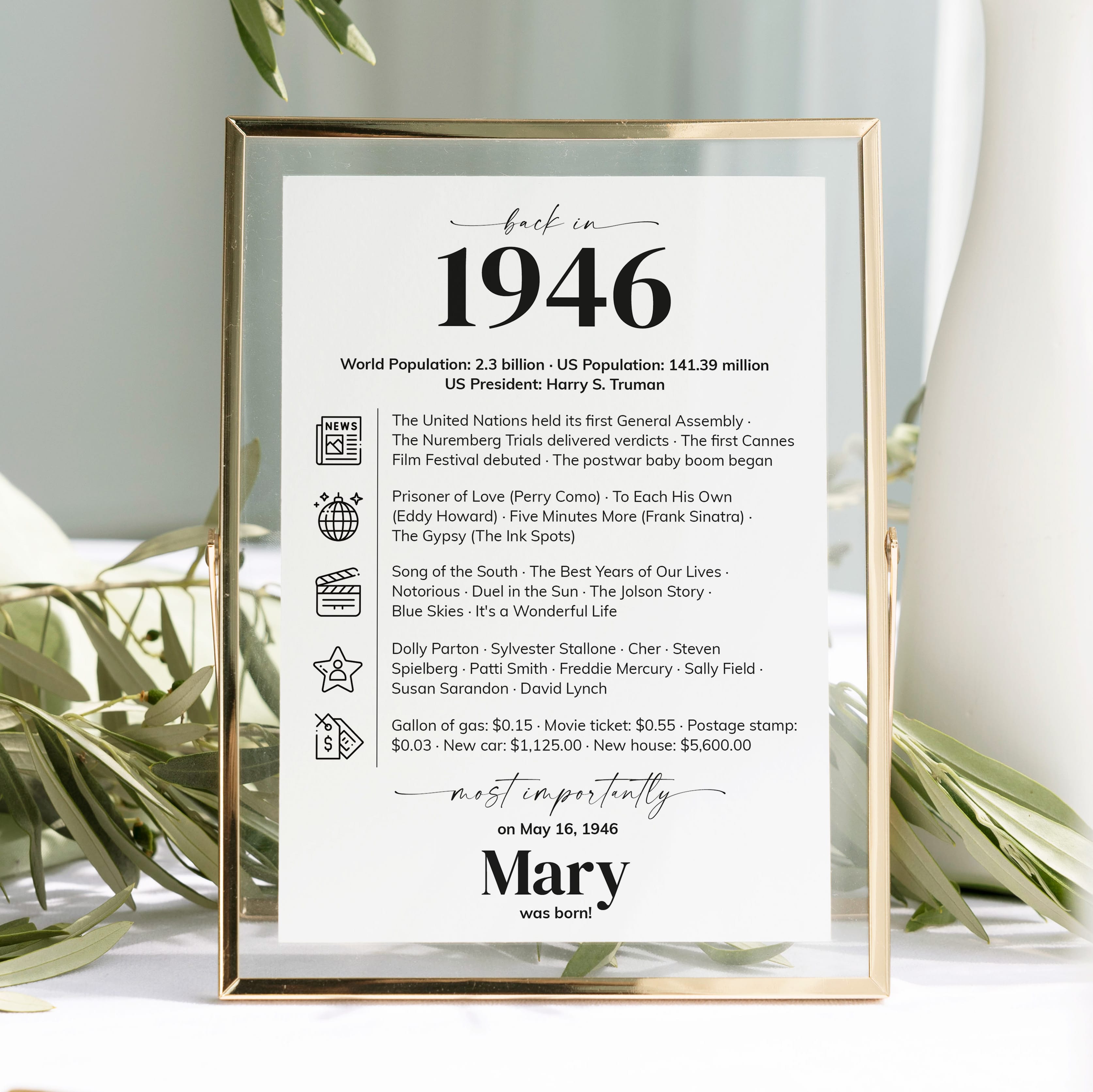80th Birthday Table Decor Custom Back in 1946 Facts Printable by LittleSizzle