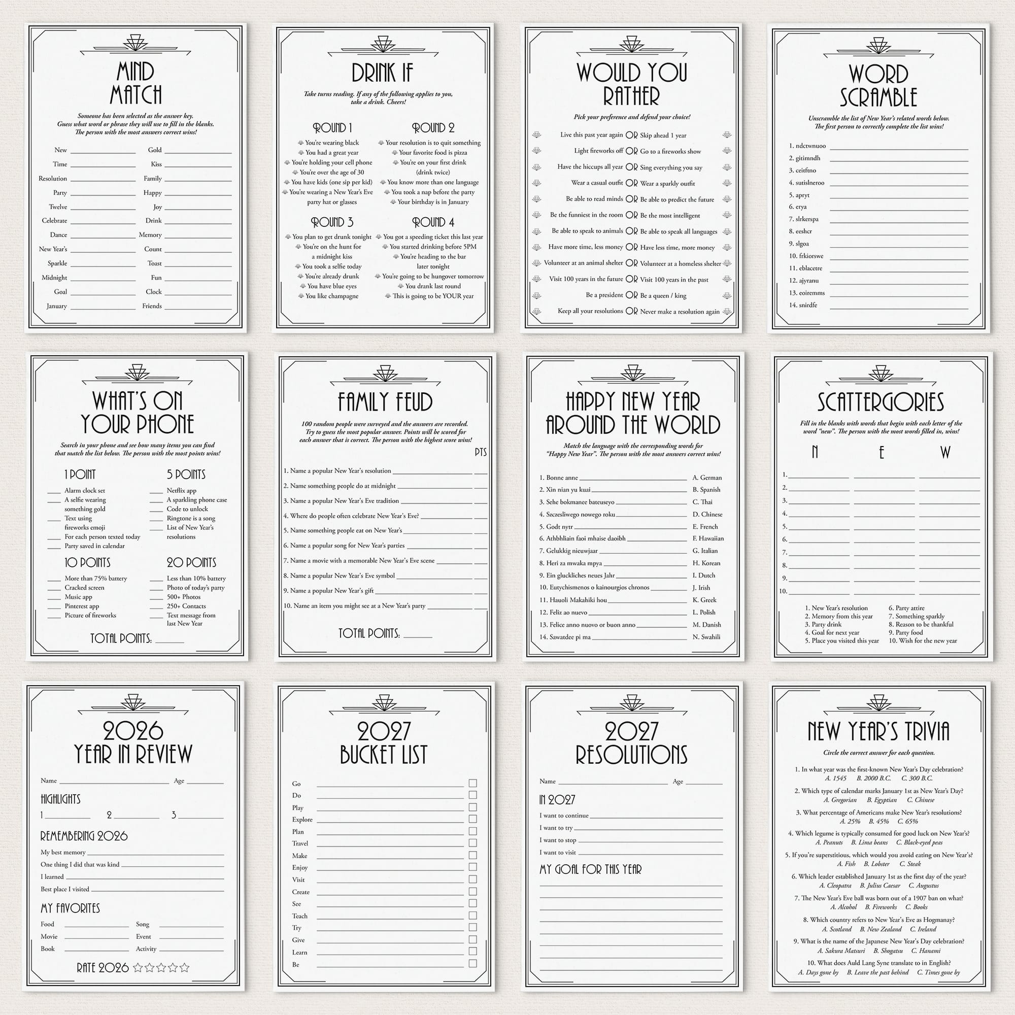 Gatsby New Year's Eve Party Games and Activities Bundle Printableby LittleSizzle