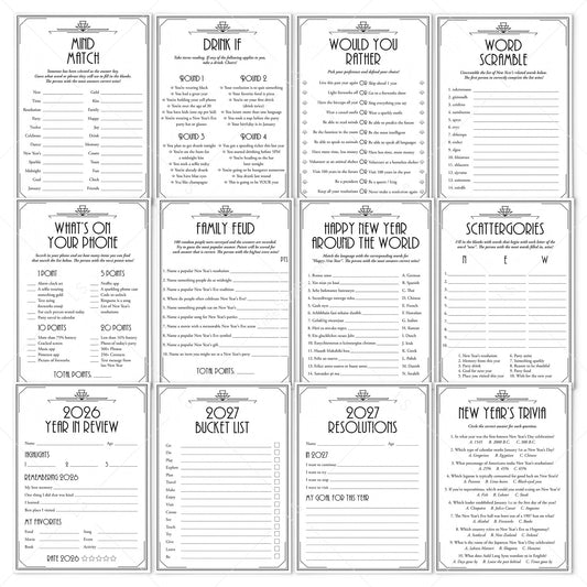 A 12-card game card set arranged in a 3x4 grid, featuring classic trivia and party game prompts like 'Mind Match', 'Drink If', 'Would You Rather', 'Word Scramble', 'What's On Your Phone', 'Family Feed', 'Happy New Year Around the World', 'Scrabble', '2086 Year in Review', '2087 Bucket List', '2087 Resolutions', and 'New Year's Day'. The cards have a vintage, elegant design with ornate borders and black text on a white background.