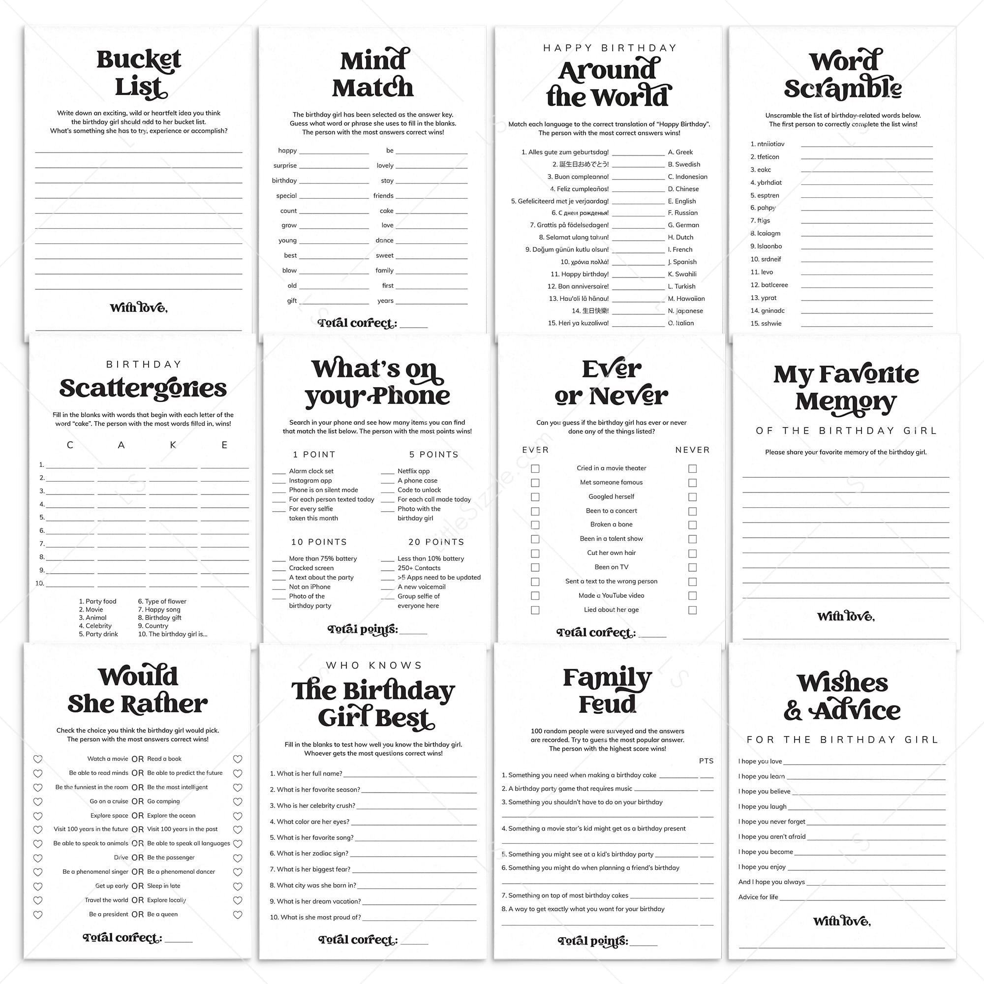 Birthday Games Bundle for Women Printable | 12 Adult Birthday Games & Activities by LittleSizzle