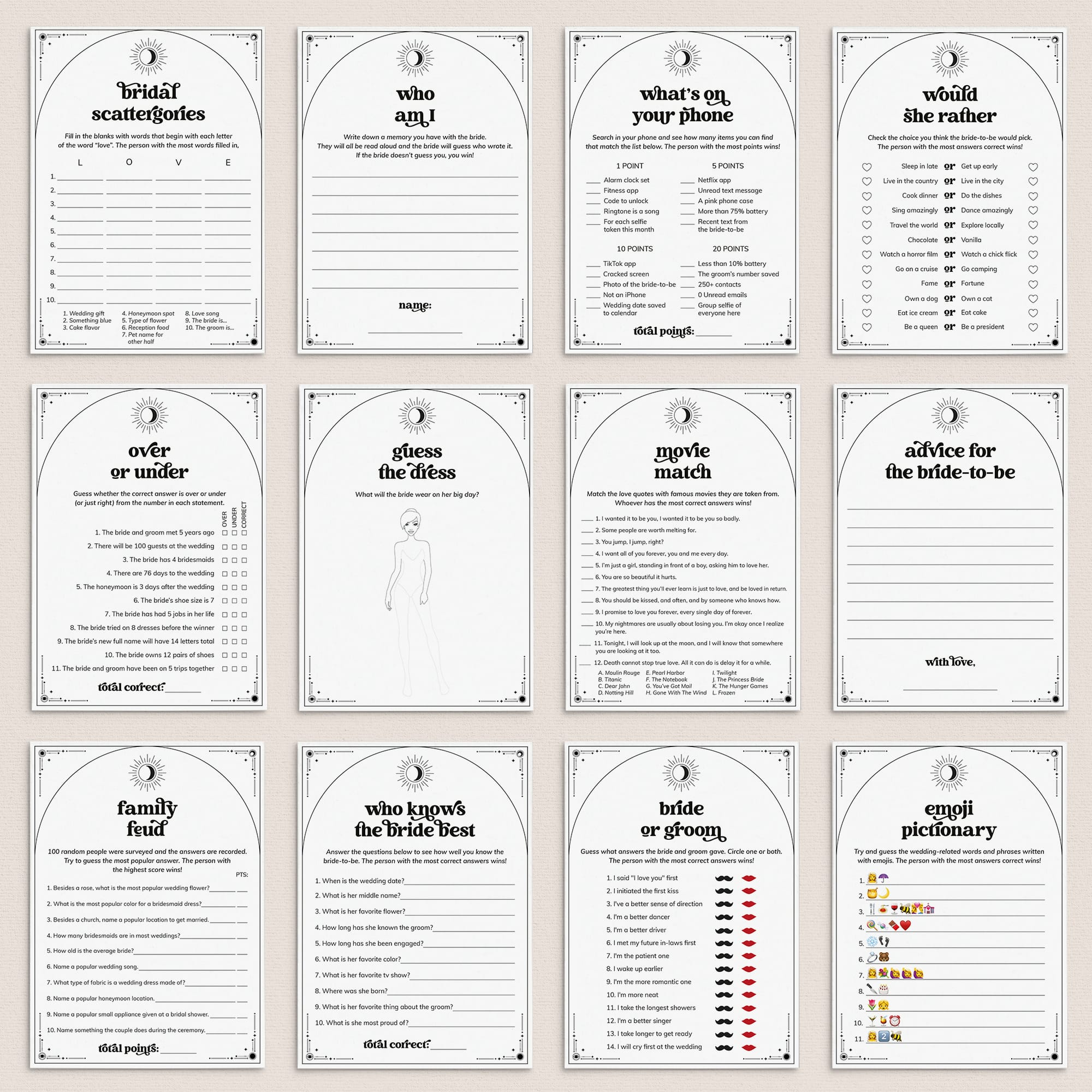 Sun Moon and Stars Wedding Shower Games Bundle Written In The Stars Theme by LittleSizzle
