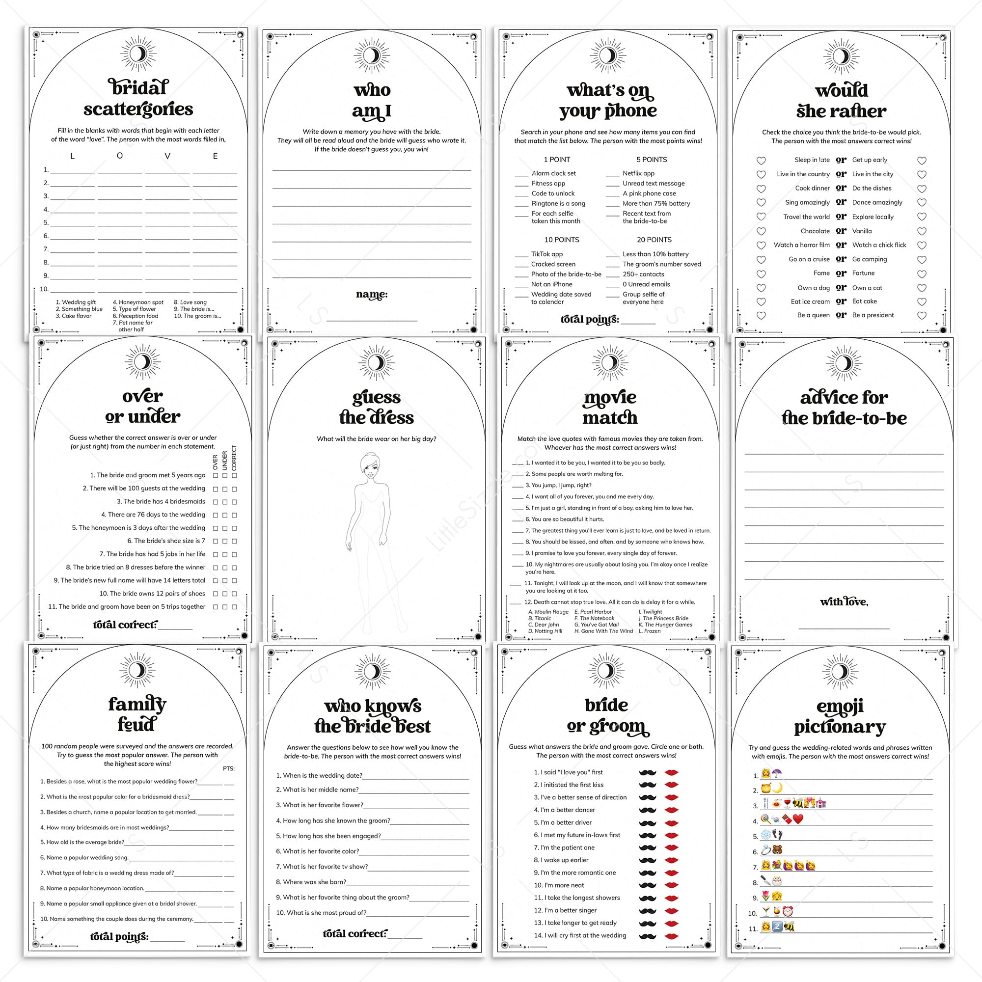 Sun Moon and Stars Wedding Shower Games Bundle Written In The Stars Theme by LittleSizzle