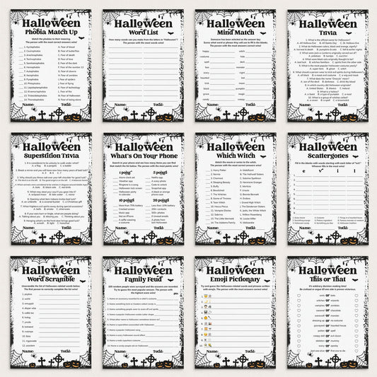 A 12-sheet set of printable Halloween-themed worksheets arranged in a 3x4 grid. The sheets feature black-and-white gothic borders with spiderwebs, tombstones, bats, and pumpkins, with titles such as Phobia Match Up, Word List, Mind Match, Trivia, SuspicionTrivia, What's On Your Phone, Which witch, Scramblewords, Word scramble, Family riddle, Emoji riddle, and This or That.