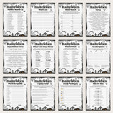A 12-sheet set of printable Halloween-themed worksheets arranged in a 3x4 grid. The sheets feature black-and-white gothic borders with spiderwebs, tombstones, bats, and pumpkins, with titles such as Phobia Match Up, Word List, Mind Match, Trivia, SuspicionTrivia, What's On Your Phone, Which witch, Scramblewords, Word scramble, Family riddle, Emoji riddle, and This or That.