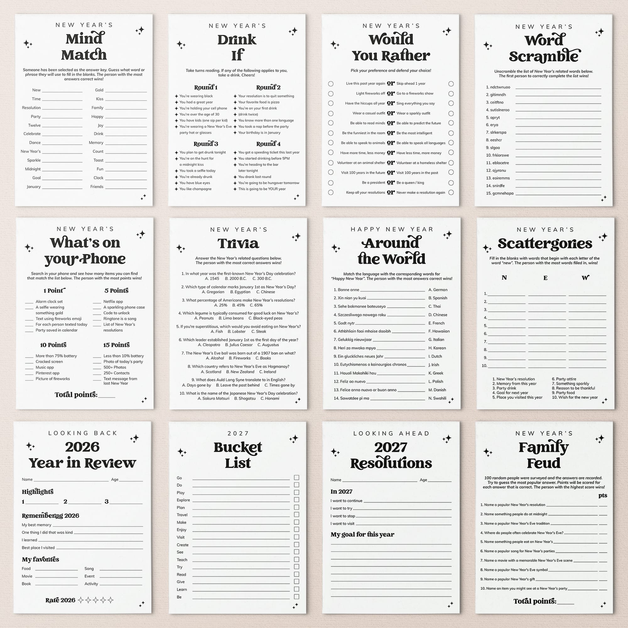 A 4x3 grid of New Year's Eve party game and trivia cards on a light beige background. The cards are white with black text and small decorative illustrations, featuring prompts like 'New Year's Mind Match,' 'New Year's Drink If,' 'New Year's Would You Rather,' 'New Year's Word Scramble,' 'New Year's Trivia,' 'New Year's Around the World,' 'New Year's Scattergories,' 'New Year's 2026 Year in Review,' 'New Year's Bucket List,' and 'New Year's Family Feud.