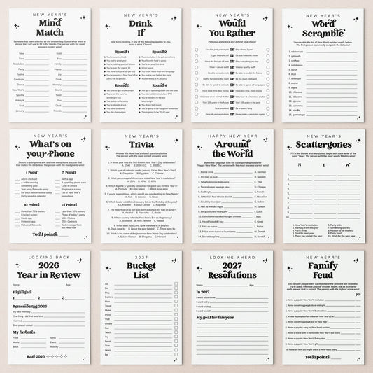 A 4x3 grid of New Year's Eve party game and trivia cards on a light beige background. The cards are white with black text and small decorative illustrations, featuring prompts like 'New Year's Mind Match,' 'New Year's Drink If,' 'New Year's Would You Rather,' 'New Year's Word Scramble,' 'New Year's Trivia,' 'New Year's Around the World,' 'New Year's Scattergories,' 'New Year's 2026 Year in Review,' 'New Year's Bucket List,' and 'New Year's Family Feud.