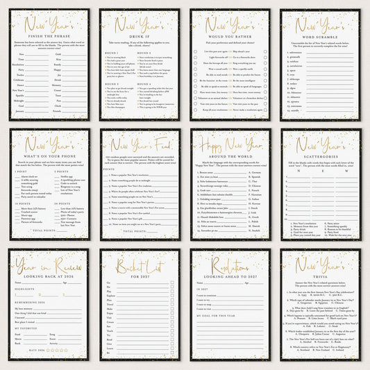 A 4x3 grid of New Year's Eve party game and reflection cards with gold foil-textured headers, black borders, and white backgrounds, arranged on a light gray backdrop.