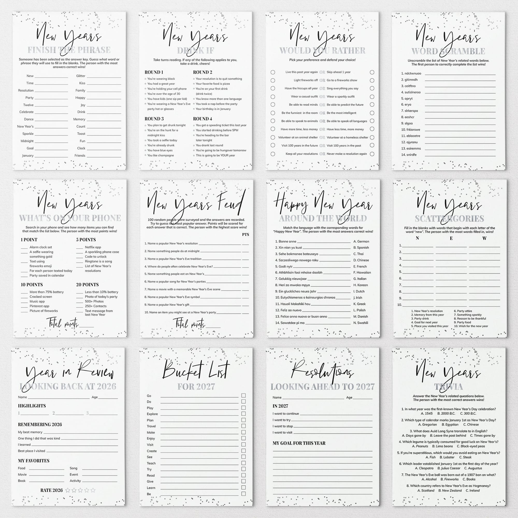 A 12-card set of New Year's resolution and planning templates arranged in a 3x4 grid. The cards are white with silver and black text, featuring titles like 'New Years Finish The Phrase,' 'New Years Family Feud,' 'Bucket List for 2027,' and 'Resolution Cards'.