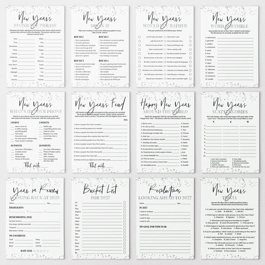 A 12-card set of New Year's resolution and planning templates arranged in a 3x4 grid. The cards are white with silver and black text, featuring titles like 'New Years Finish The Phrase,' 'New Years Family Feud,' 'Bucket List for 2027,' and 'Resolution Cards'.