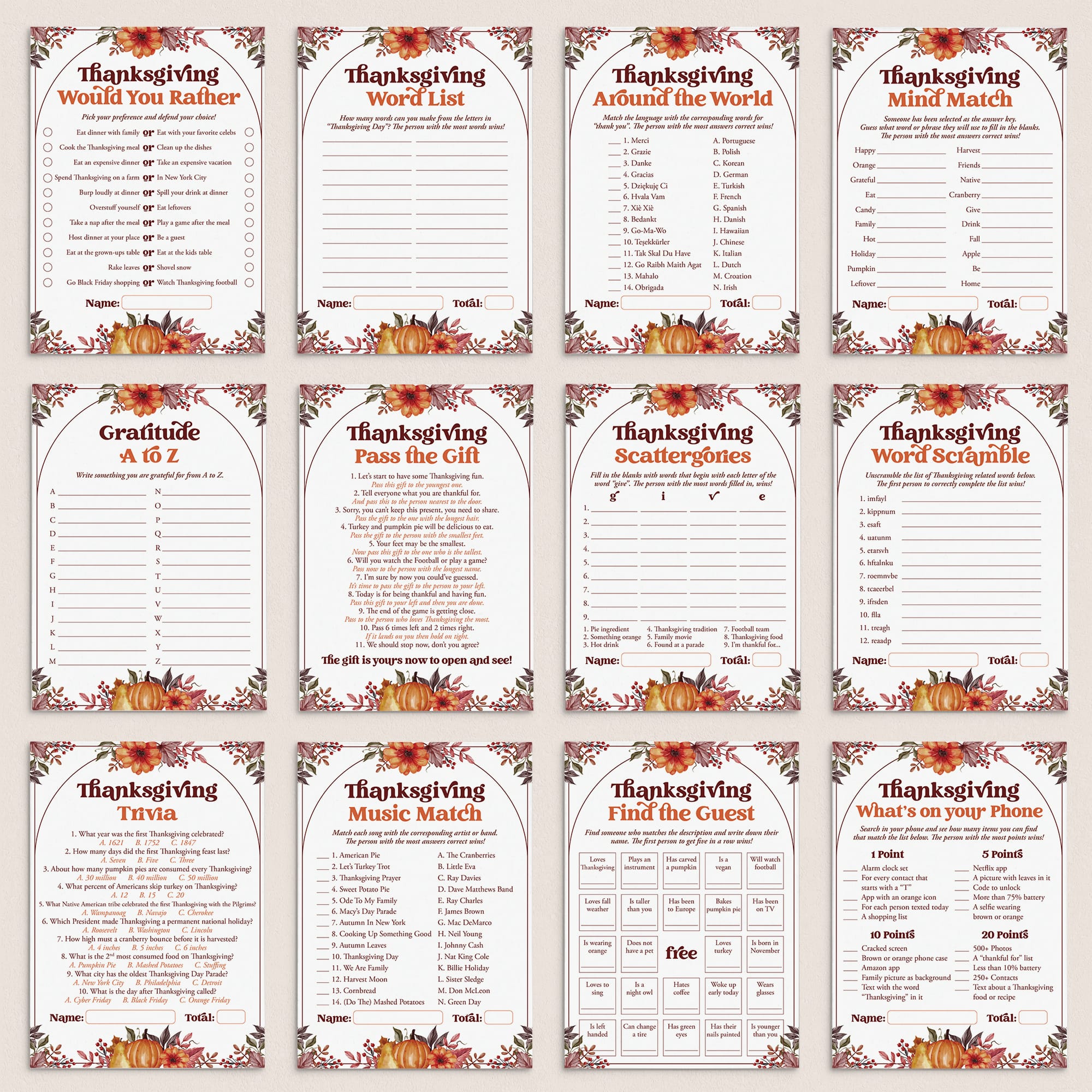 Printable Thanksgiving Games for Families by LittleSizzle