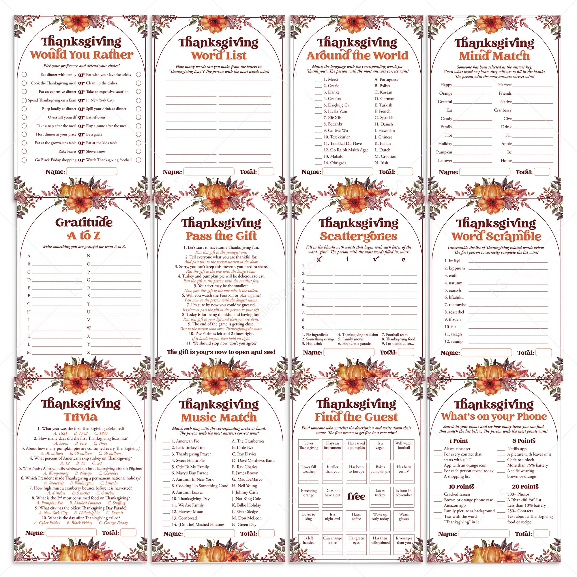 Printable Thanksgiving Games for Families by LittleSizzle
