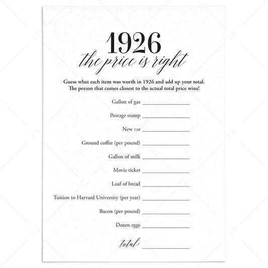 1926 The Price Is Right Game with Answers Printable by LittleSizzle