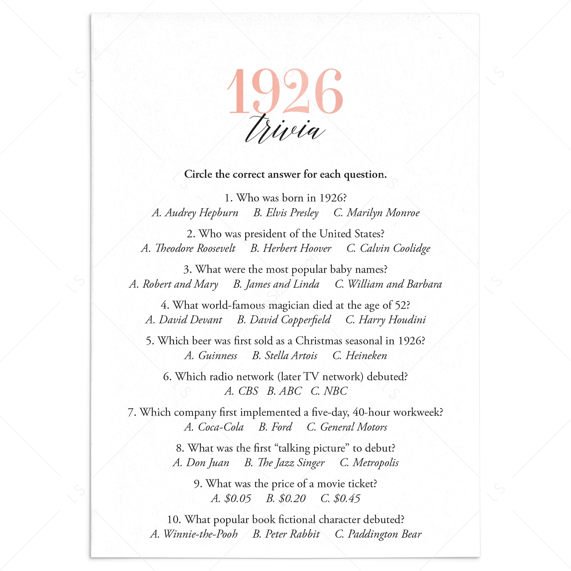 1926 Trivia Questions and Answers Printable by LittleSizzle