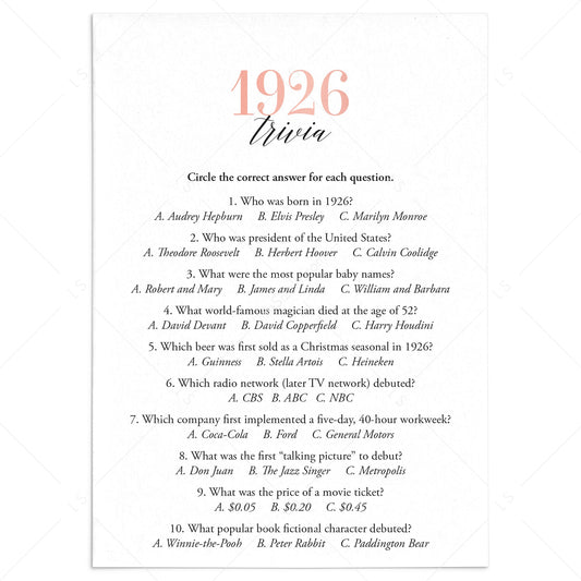 1926 Trivia Questions and Answers Printable by LittleSizzle