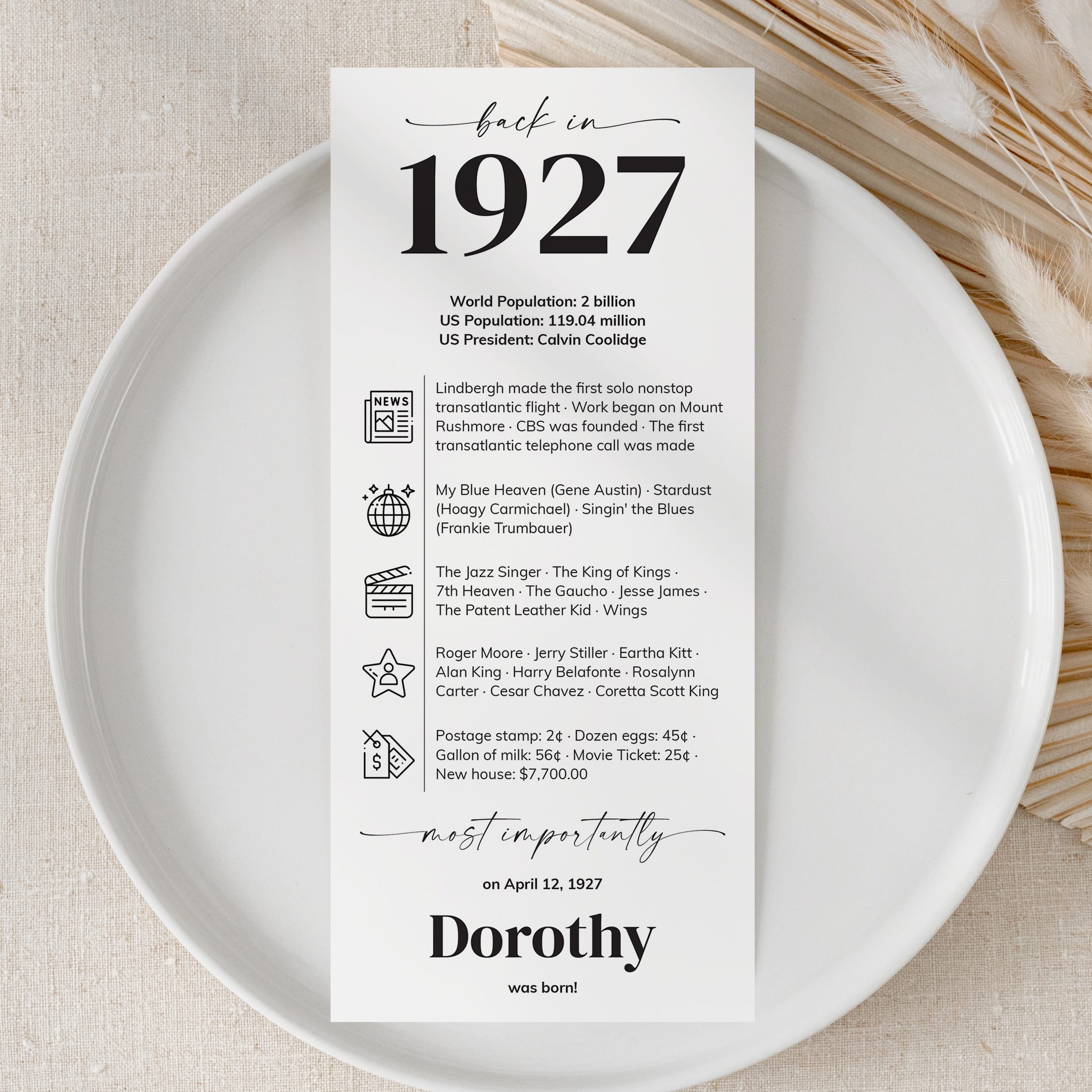 100th Birthday Place Cards Personalized Back in 1927 News Printable by LittleSizzle