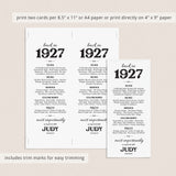 100th Birthday Gift Born in 1927 Table Card