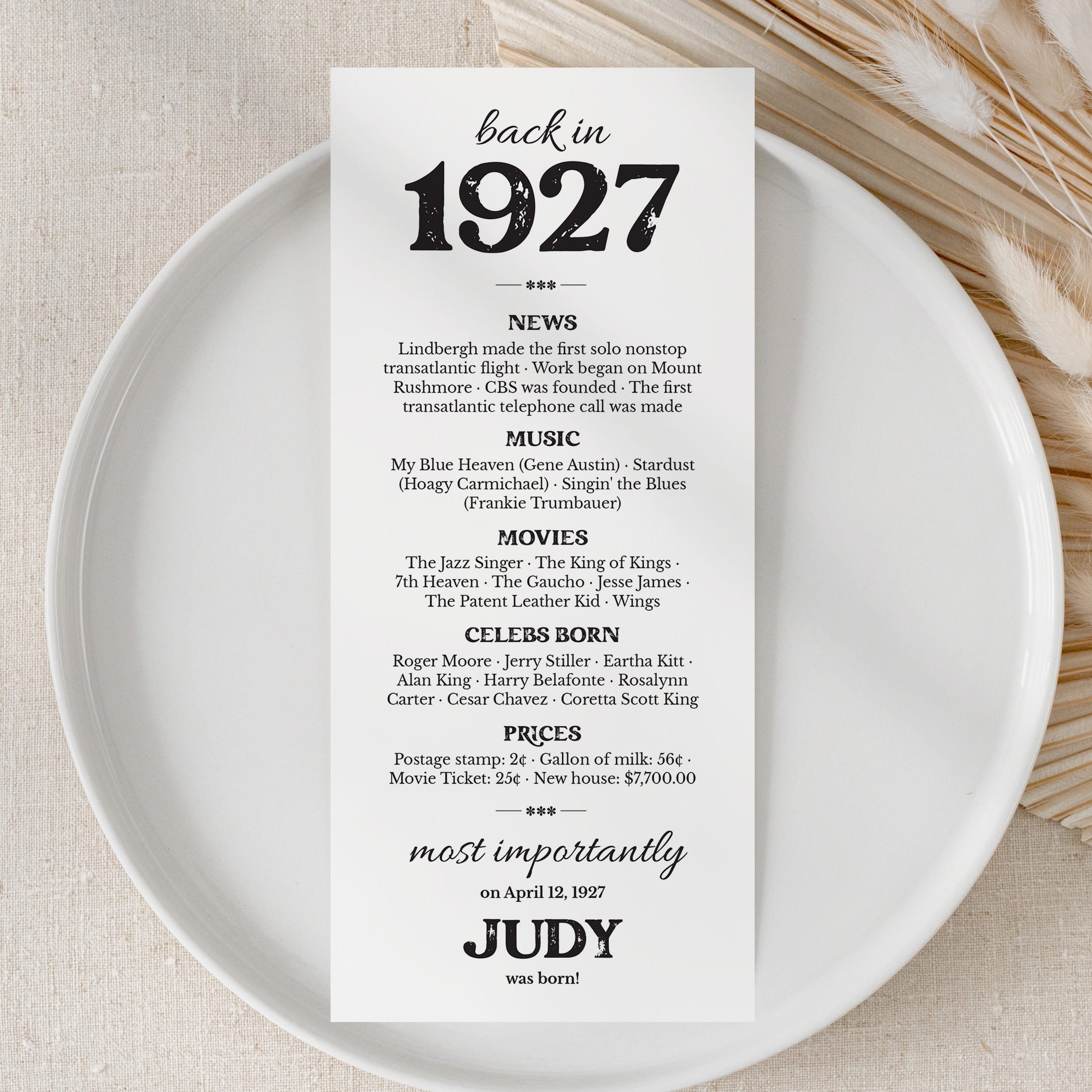 100th Birthday Gift Born in 1927 Table Card by LittleSizzle