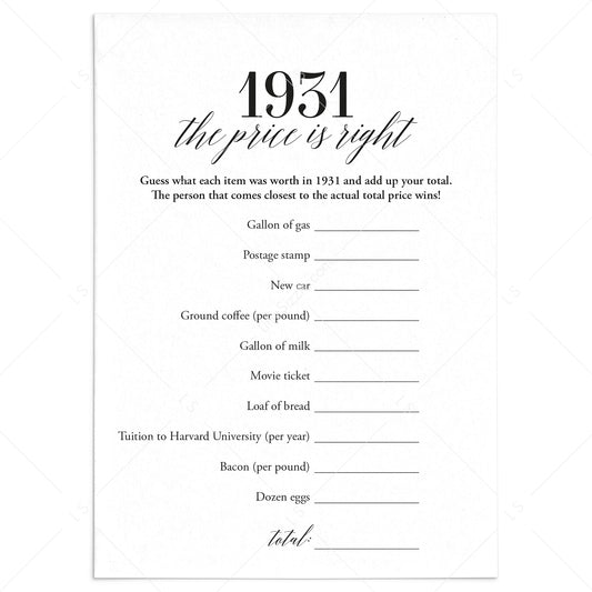1931 The Price Is Right Game with Answers Printable by LittleSizzle