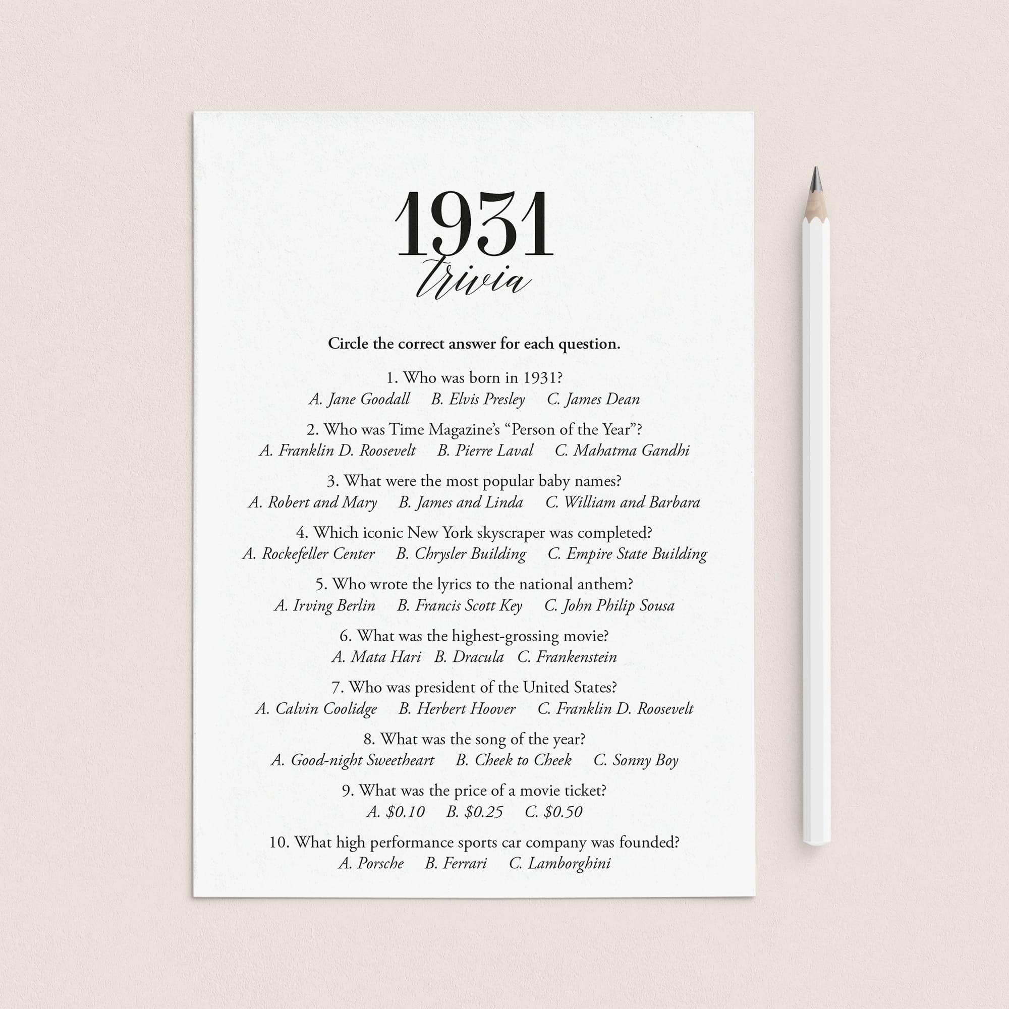 1931 Trivia Quiz with Answer Key Instant Download by LittleSizzle