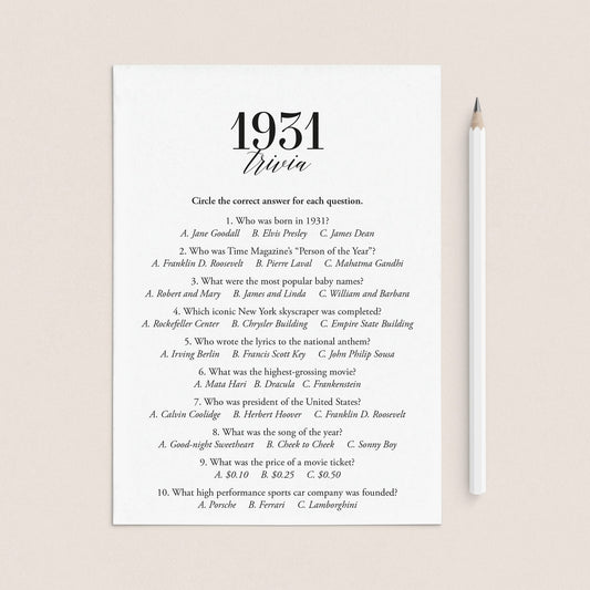 1931 Trivia Quiz with Answer Key Instant Download by LittleSizzle