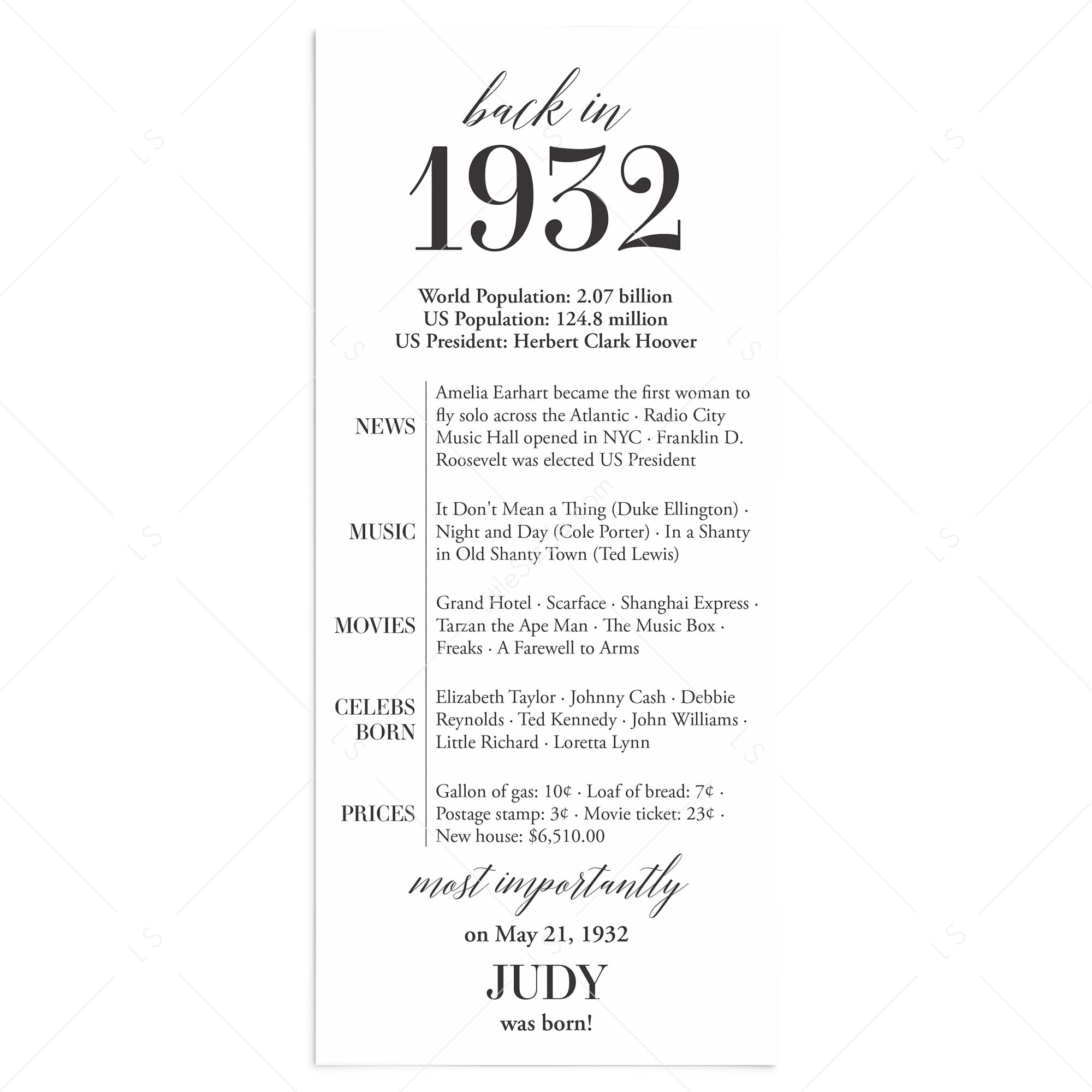 95th Birthday Party Decorations Back in 1932 Table Card Custom Name by LittleSizzle