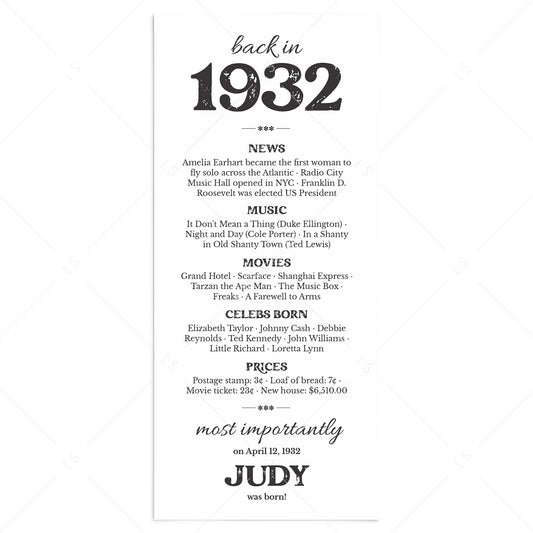 95th Birthday Gift Personalized Born in 1932 Table Card by LittleSizzle