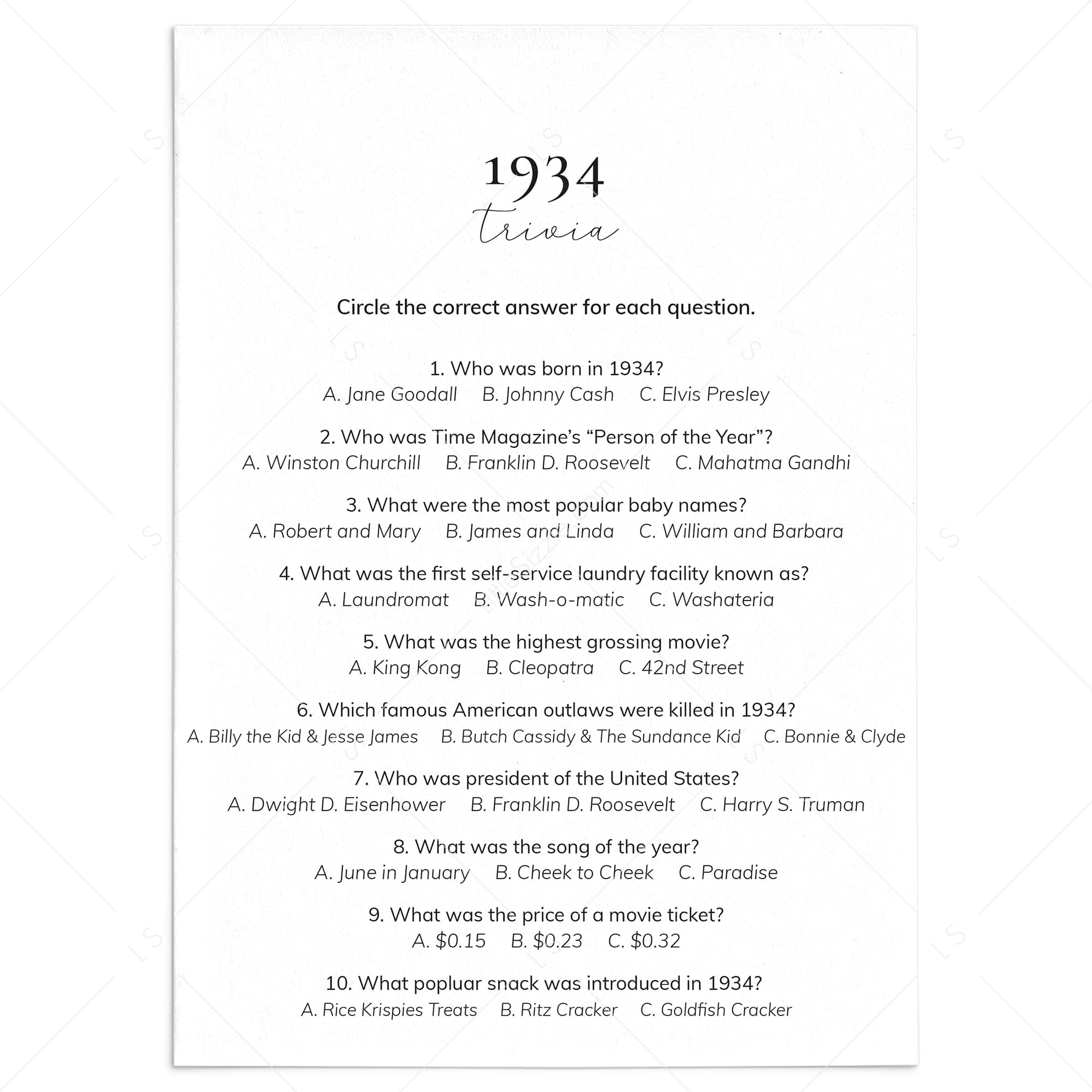 1934 Quiz and Answers Printable by LittleSizzle