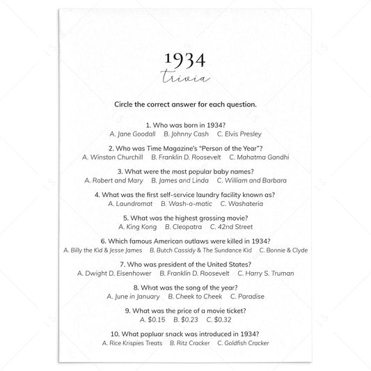 1934 Quiz and Answers Printable by LittleSizzle