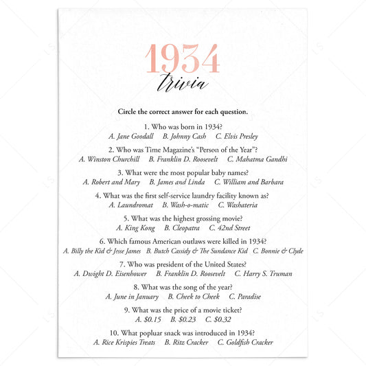 1934 Trivia Questions and Answers Printable by LittleSizzle