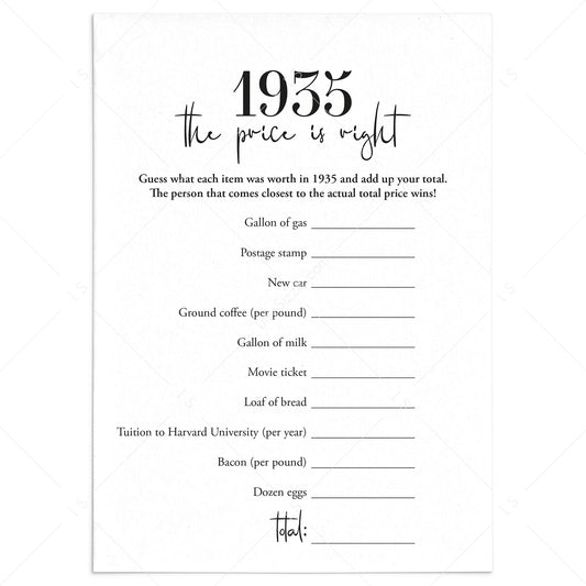 1935 The Price Is Right Game with Answers Printable by LittleSizzle