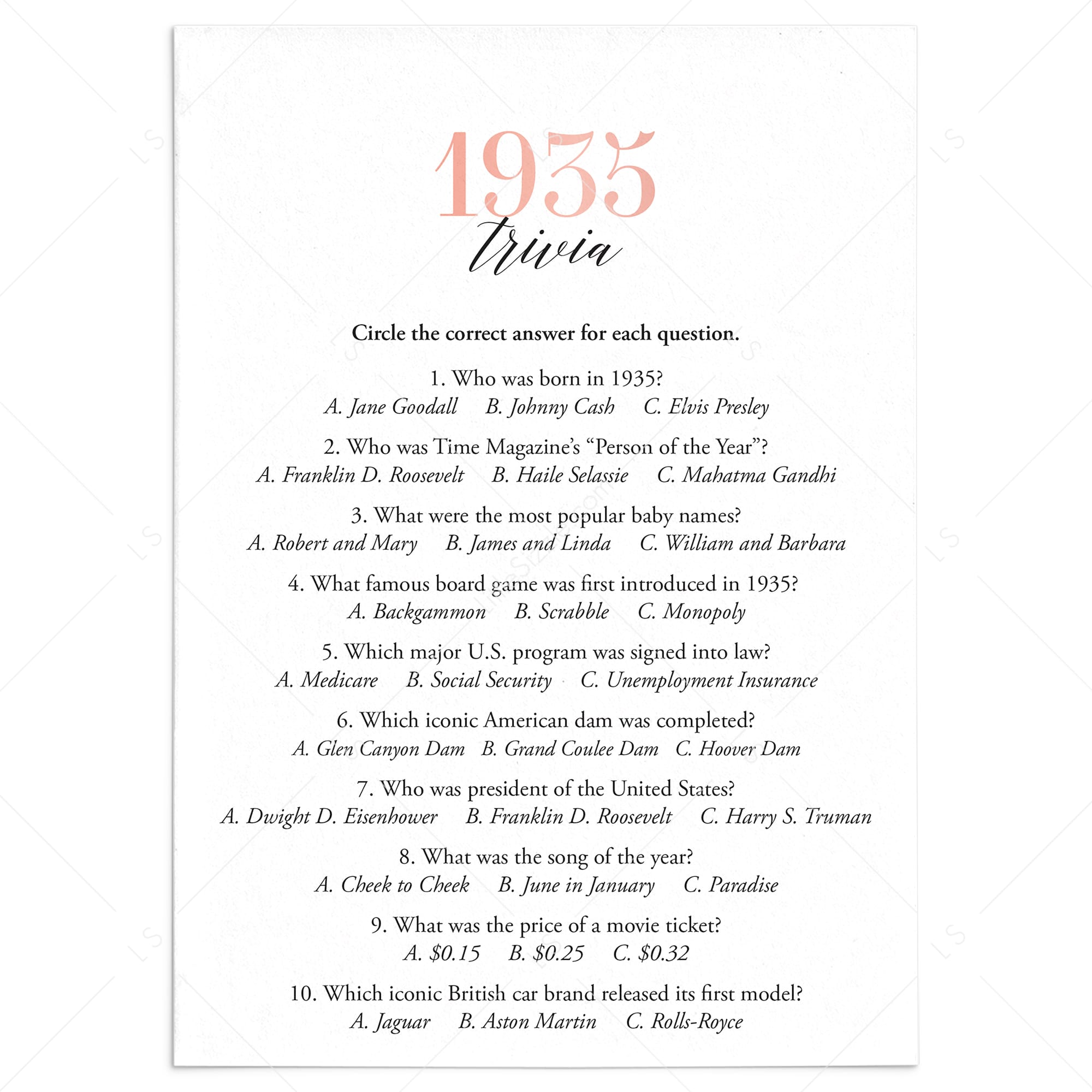 1935 Trivia Questions and Answers Printable by LittleSizzle