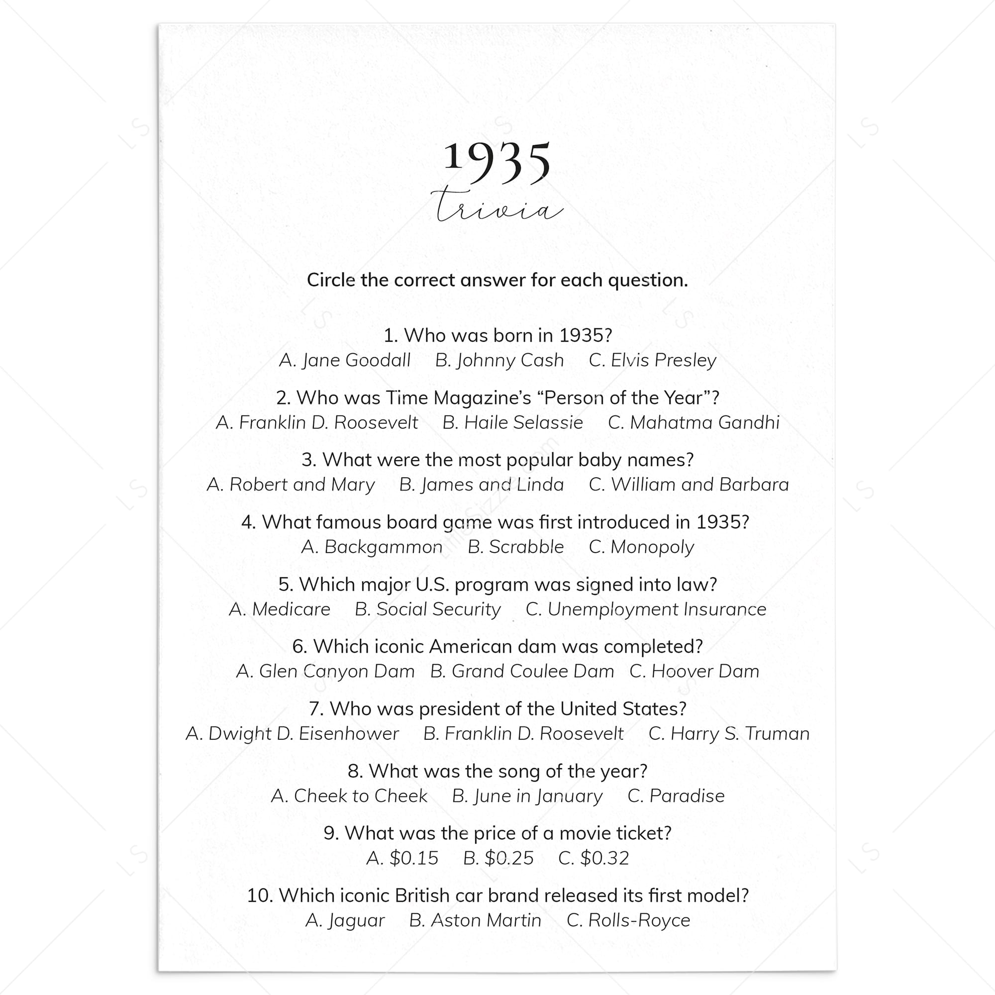 1935 Quiz and Answers Printable by LittleSizzle