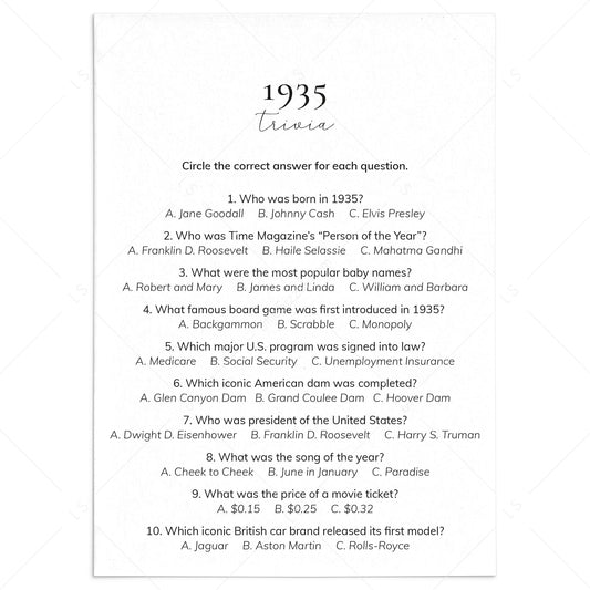 1935 Quiz and Answers Printable by LittleSizzle