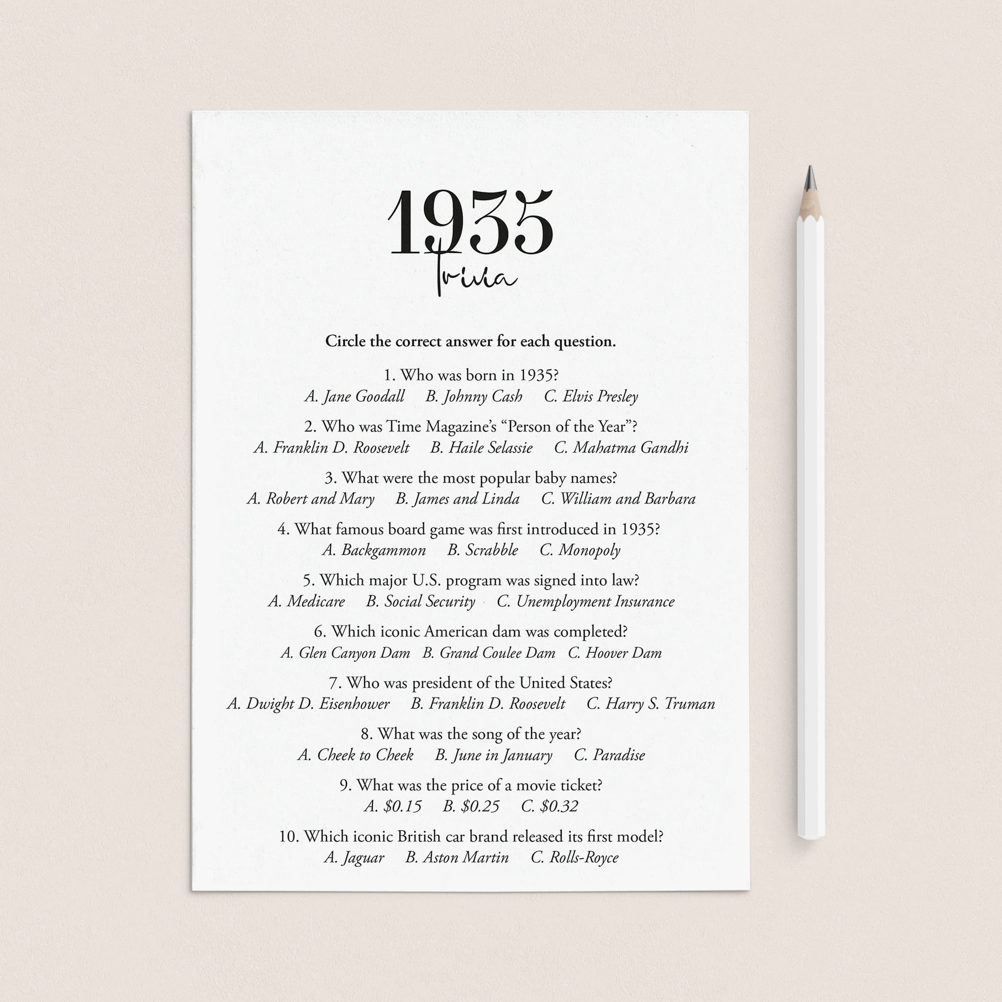 1935 Trivia Quiz with Answer Key Instant Download by LittleSizzle