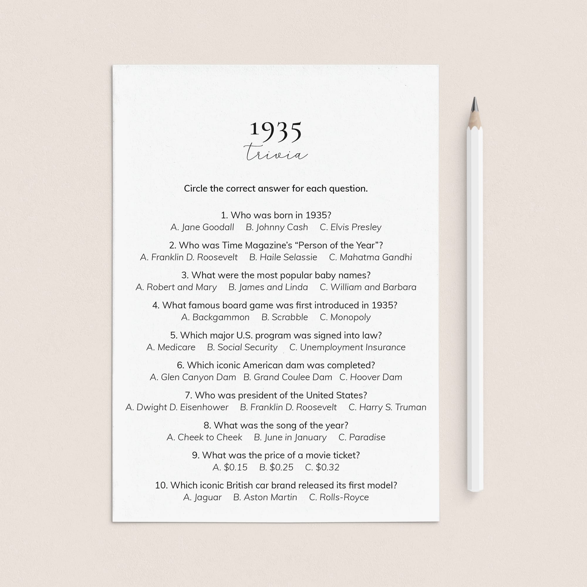 1935 Quiz and Answers Printable by LittleSizzle