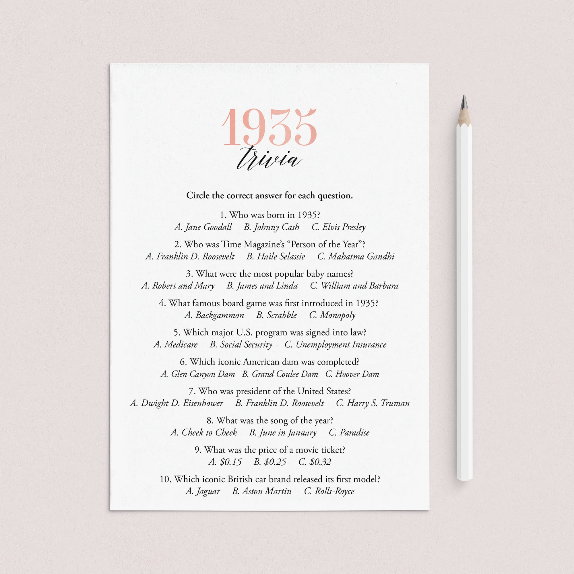 1935 Trivia Questions and Answers Printable by LittleSizzle