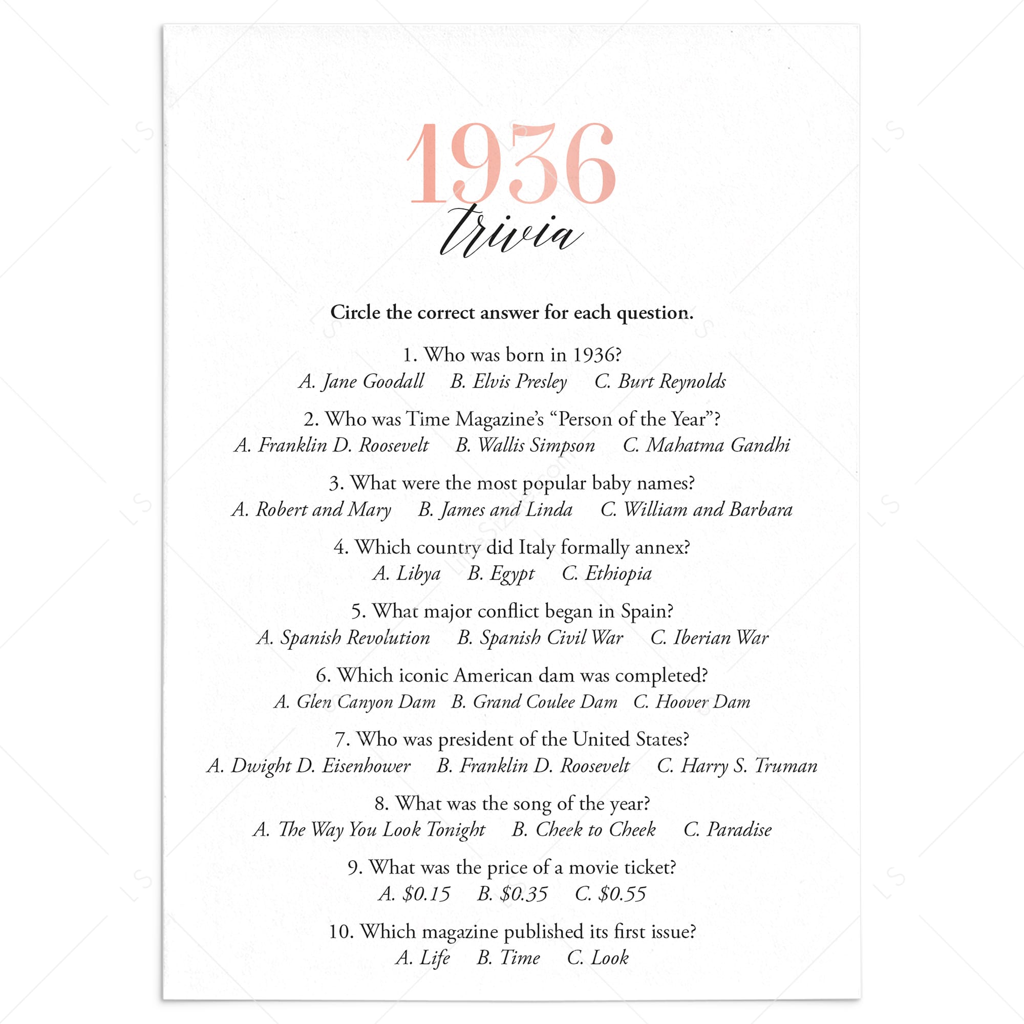 1936 Trivia Questions and Answers Printable by LittleSizzle