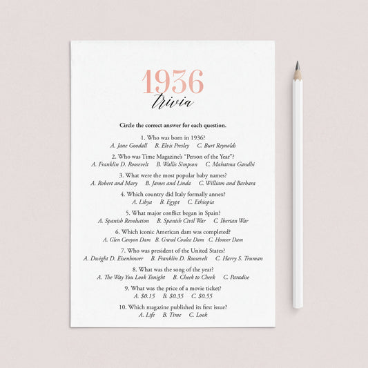1936 Trivia Questions and Answers Printable by LittleSizzle