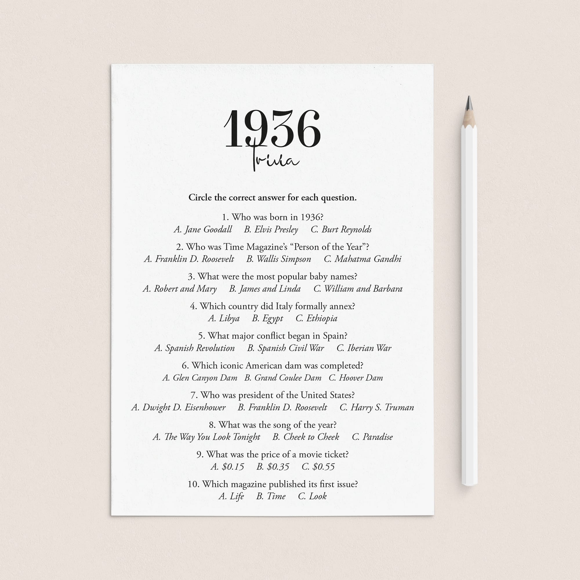 1936 Trivia Quiz with Answer Key Instant Download by LittleSizzle