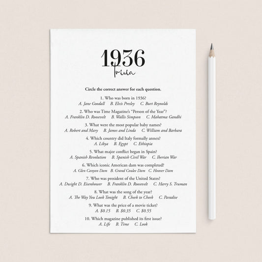 1936 Trivia Quiz with Answer Key Instant Download by LittleSizzle