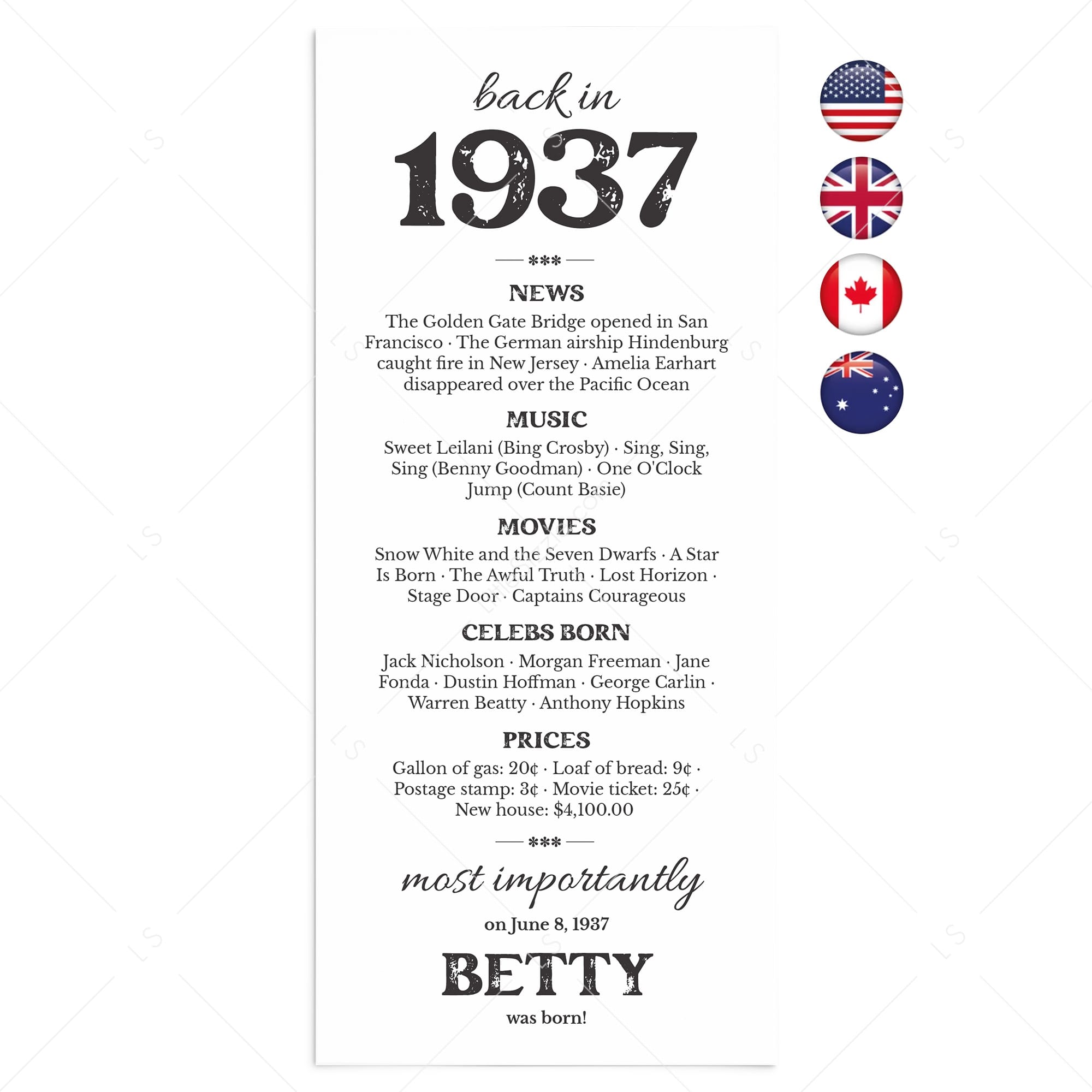 90th Birthday Gift Born in 1937 Table Card by LittleSizzle