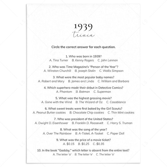 1939 Quiz and Answers Printable by LittleSizzle