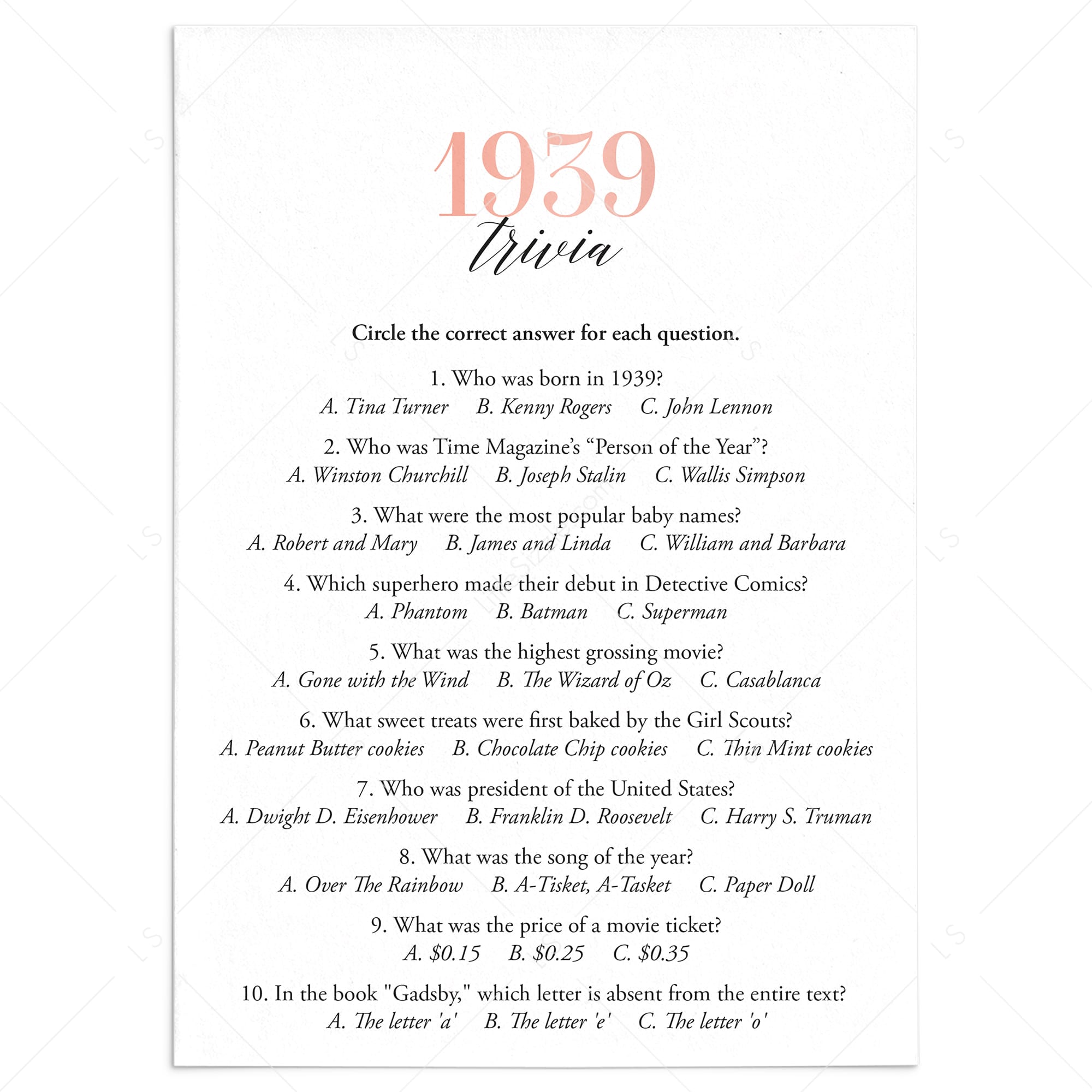 1939 Trivia Questions and Answers Printable by LittleSizzle