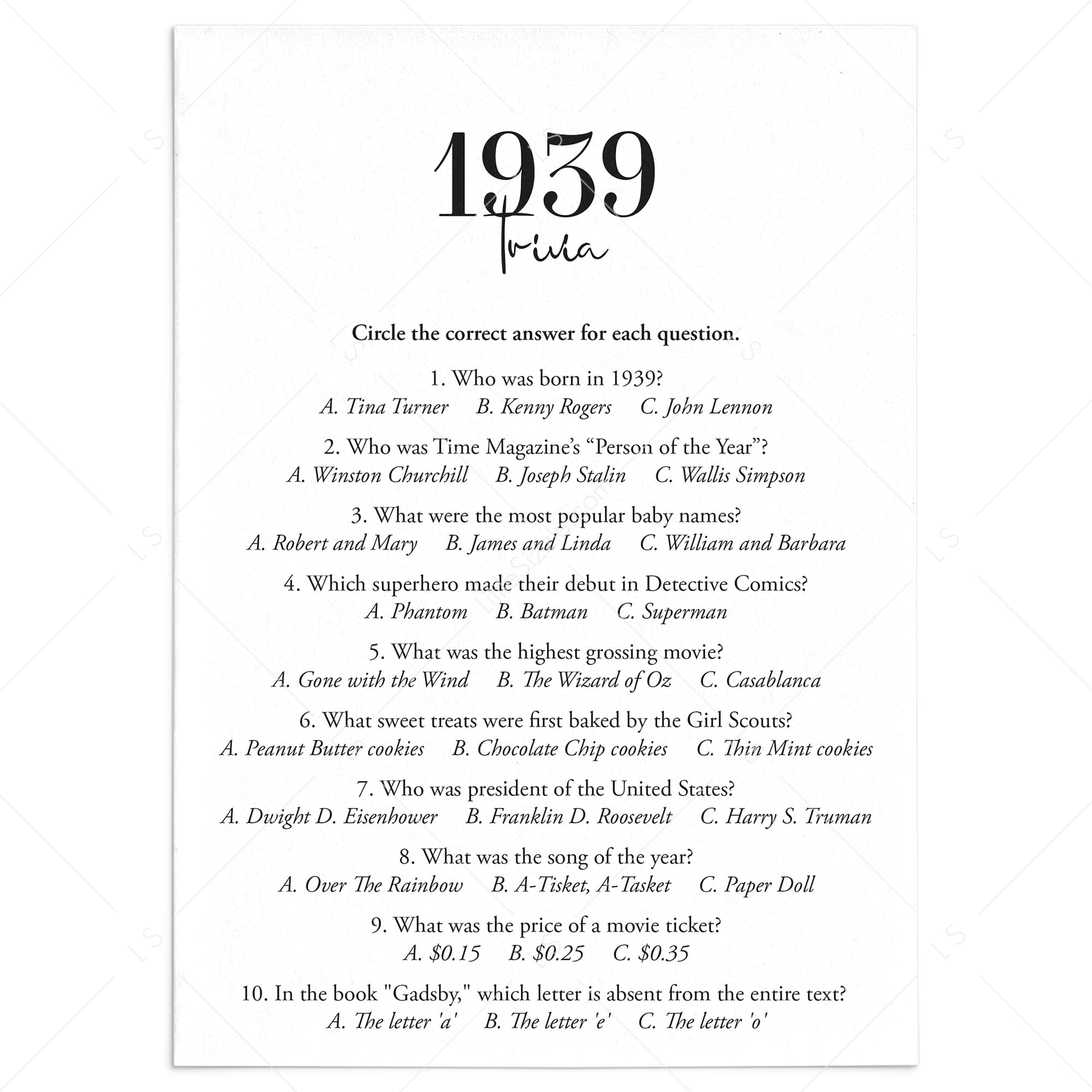 1939 Trivia Quiz with Answer Key Instant Download by LittleSizzle