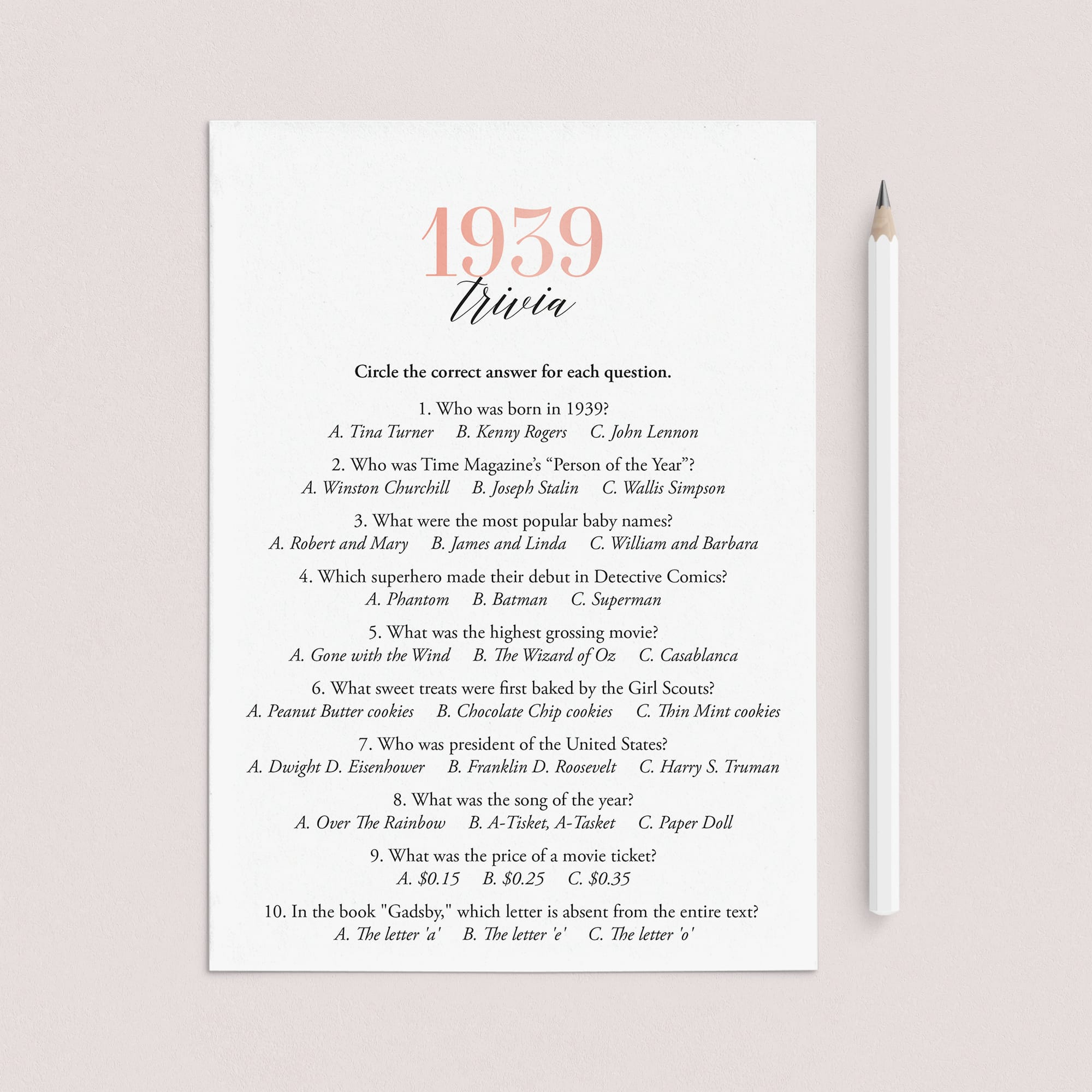 1939 Trivia Questions and Answers Printable by LittleSizzle
