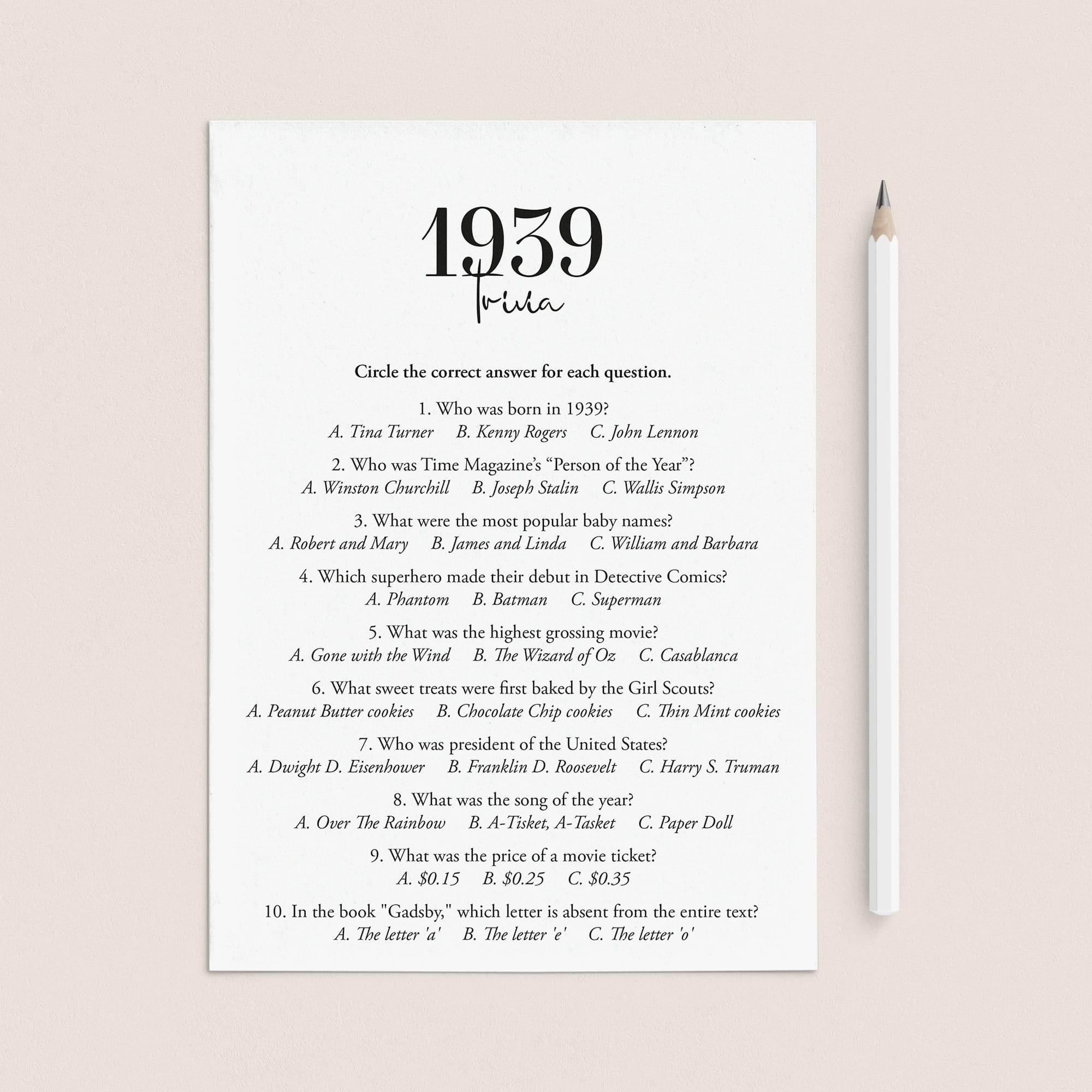 1939 Trivia Quiz with Answer Key Instant Download by LittleSizzle