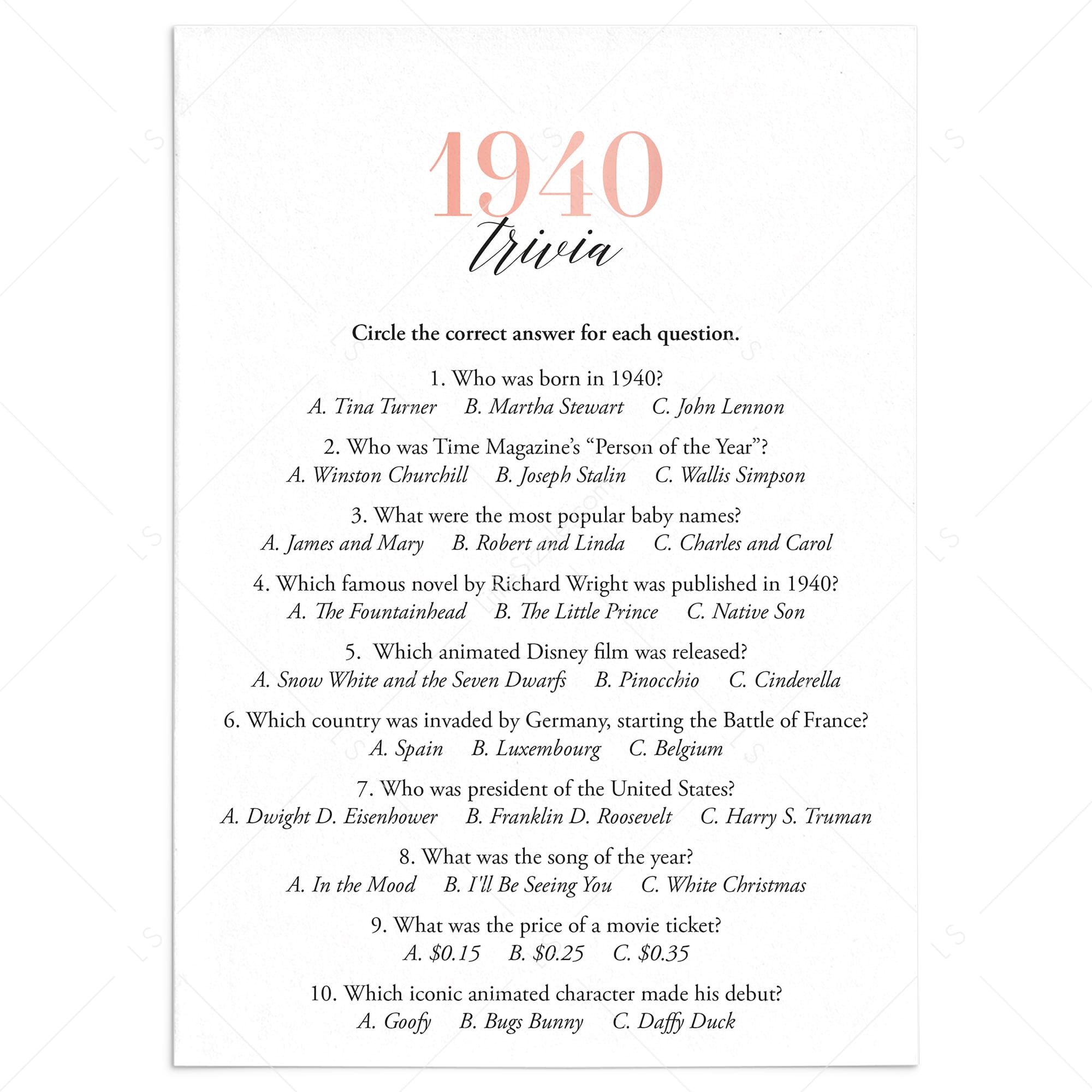 1940 Trivia Questions and Answers Printable by LittleSizzle