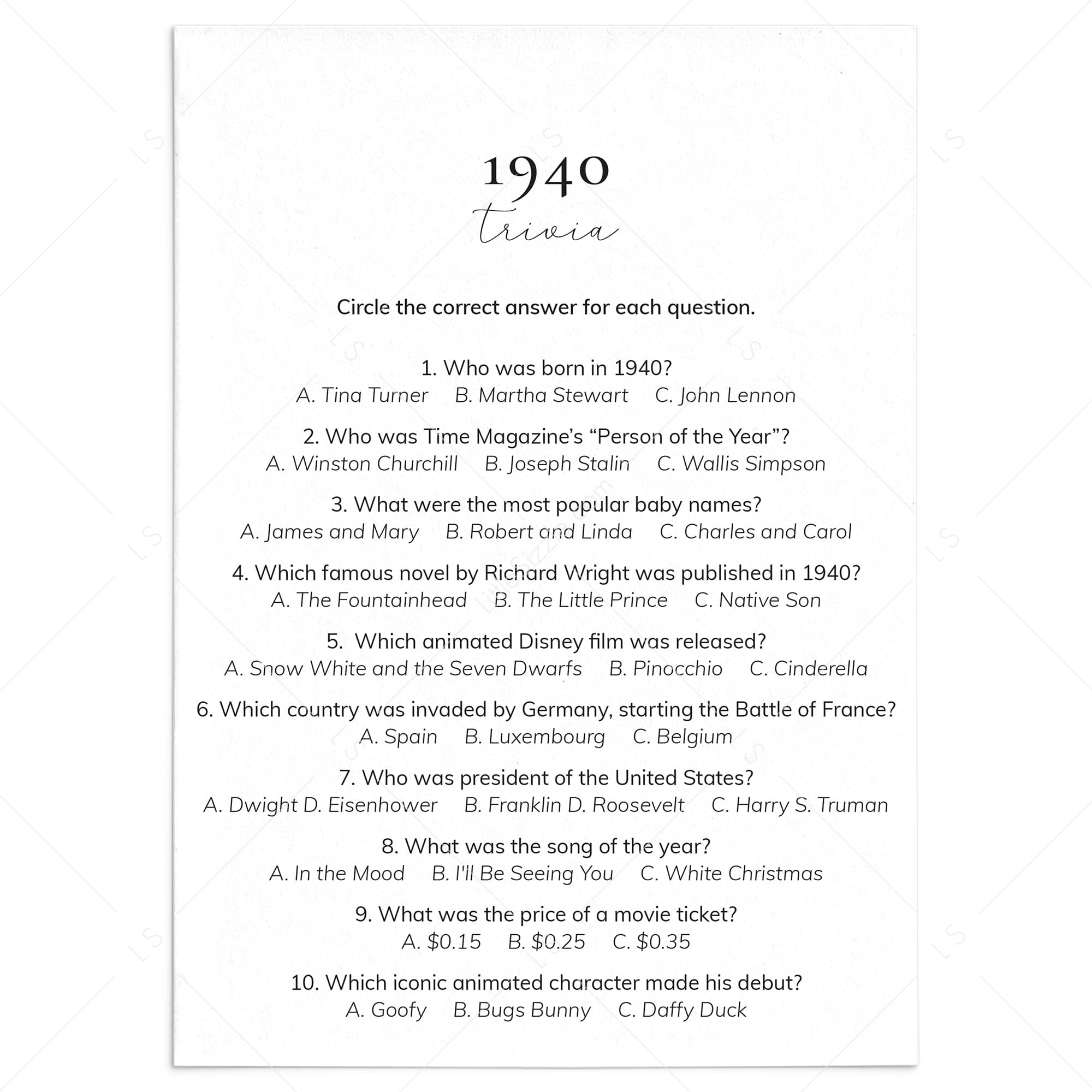 1940 Quiz and Answers Printable by LittleSizzle