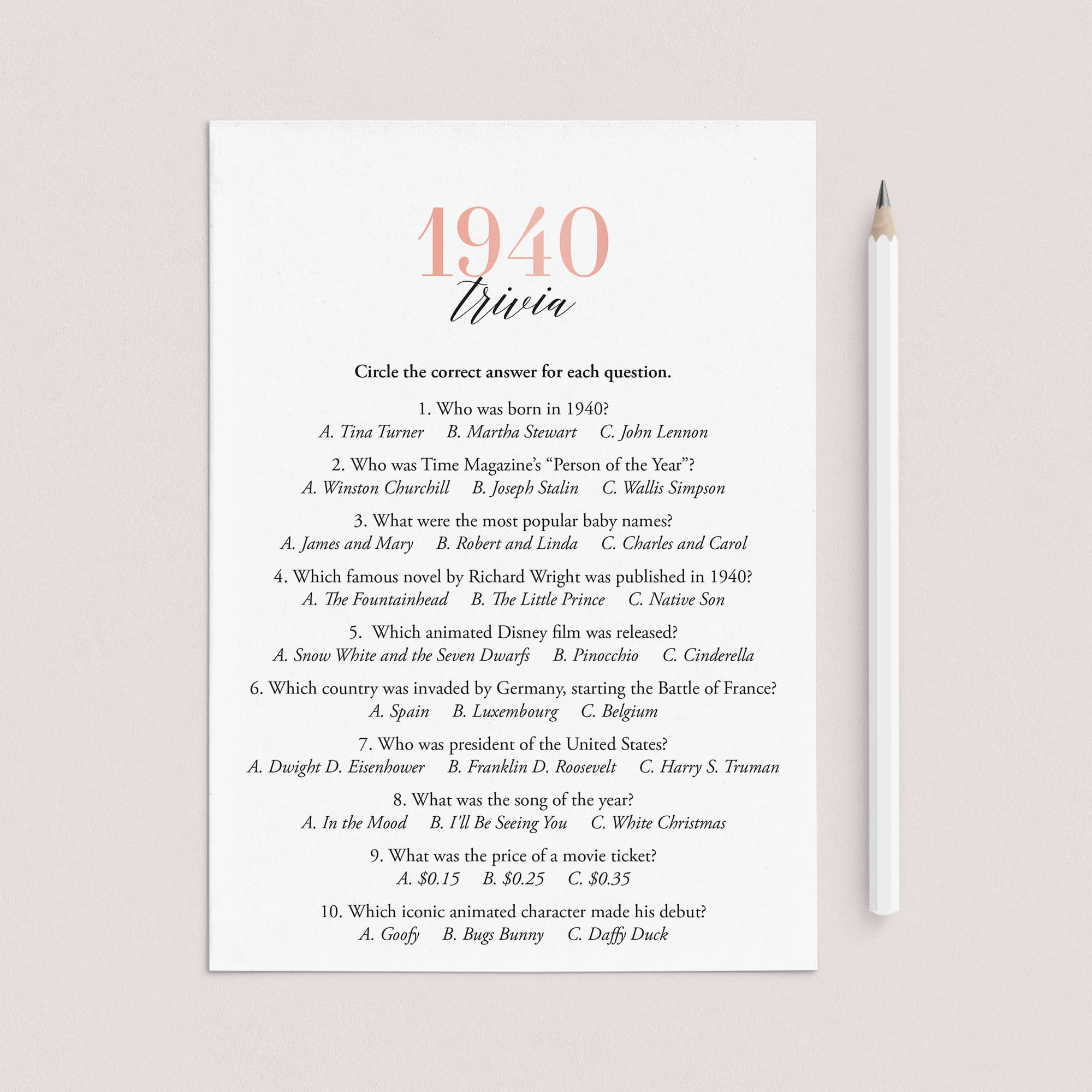 1940 Trivia Questions and Answers Printable by LittleSizzle